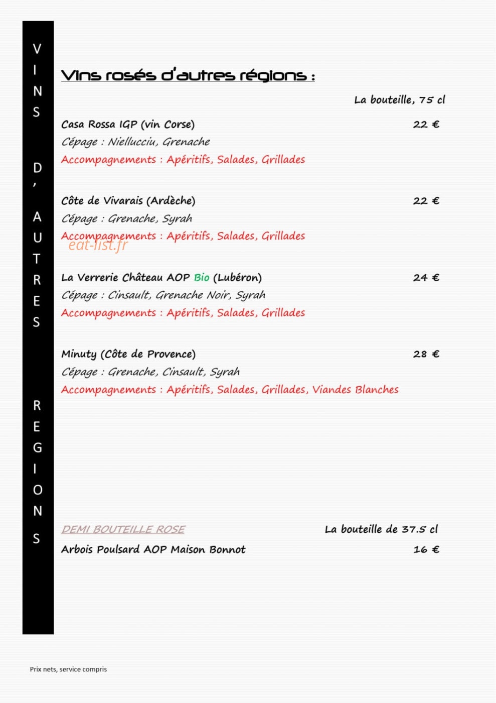 Carte et menu de L'auberge du château de joux à La Cluse et Mijoux — Les vins rosés d'autre région