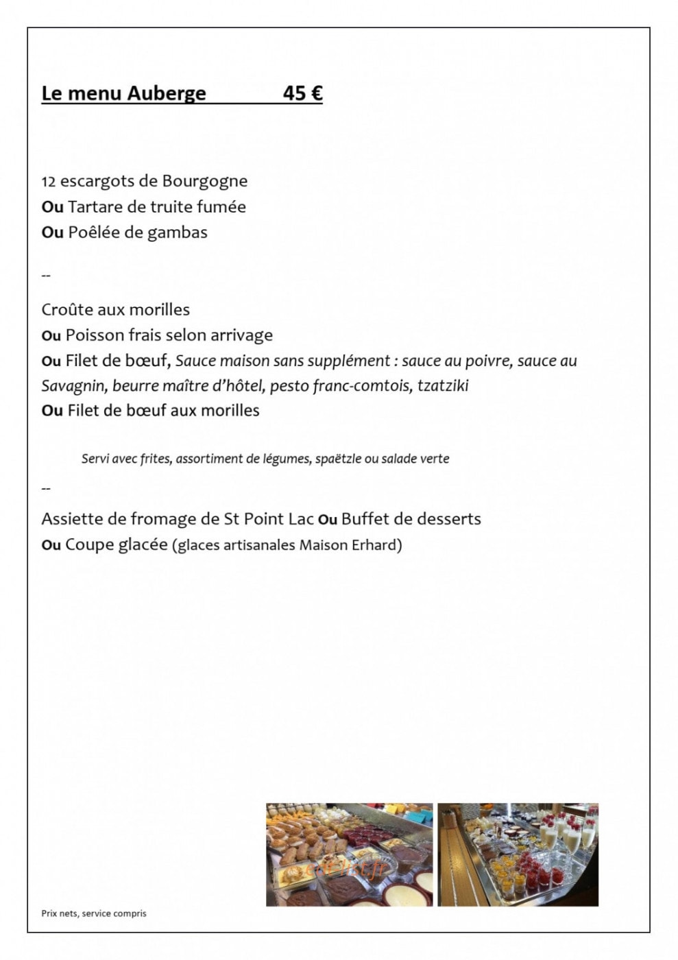 Carte et menu de L'auberge du château de joux à La Cluse et Mijoux — Le menu auberge