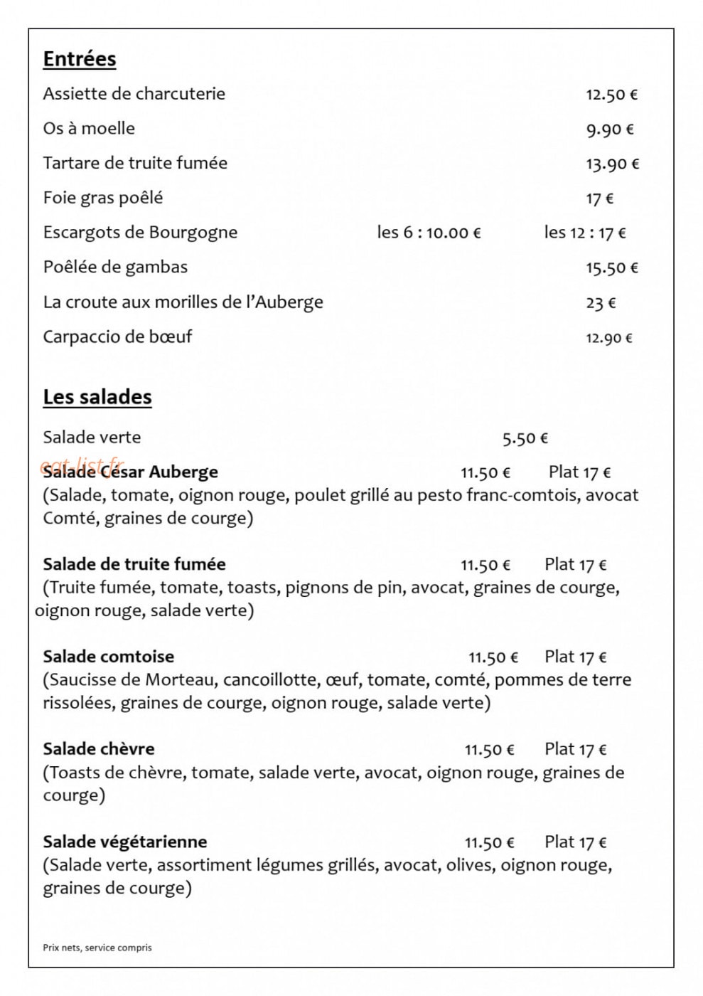 Carte et menu de L'auberge du château de joux à La Cluse et Mijoux — Les entrées et salades