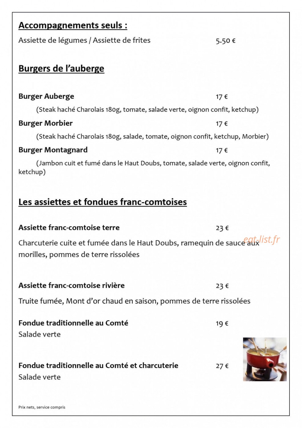 Carte et menu de L'auberge du château de joux à La Cluse et Mijoux — Les burgers, assiettes, ...