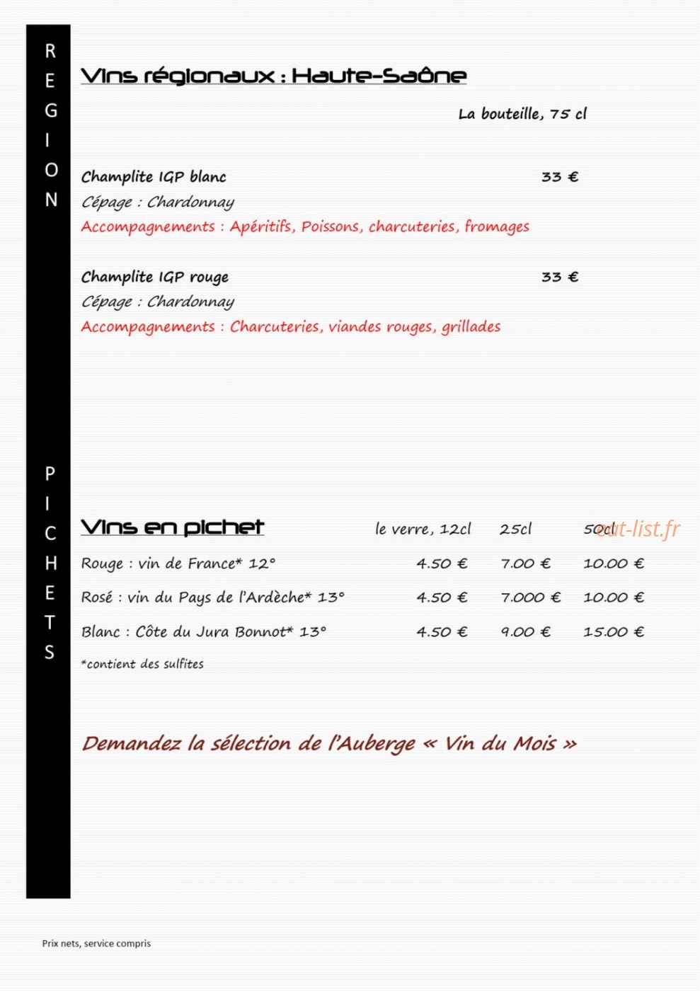 Carte et menu de L'auberge du château de joux à La Cluse et Mijoux — Les vins régionaux et en pichet