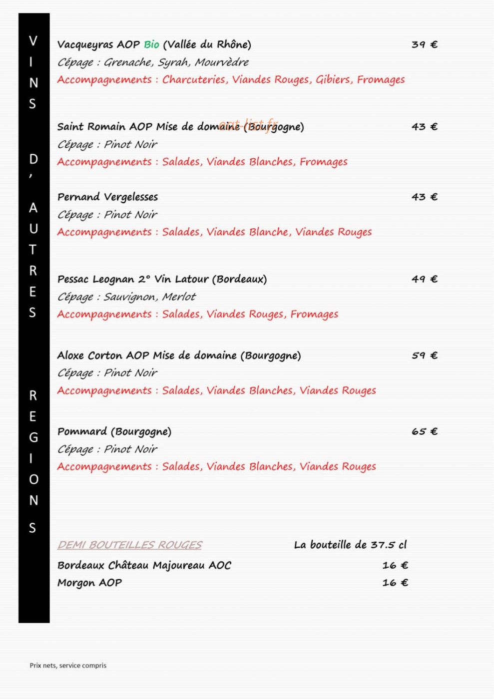 Carte et menu de L'auberge du château de joux à La Cluse et Mijoux — Les vins rouges d'autre région (suite)