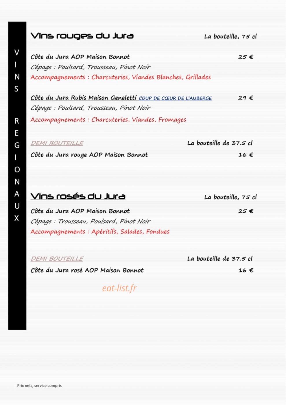 Carte et menu de L'auberge du château de joux à La Cluse et Mijoux — Les vins rouges et rosés