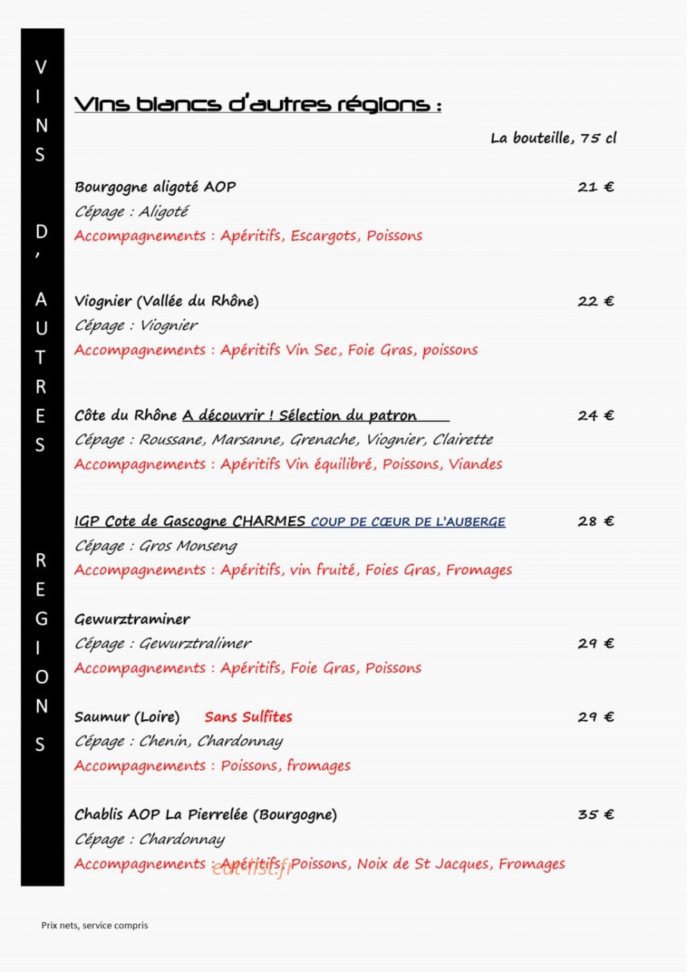 Carte et menu de L'auberge du château de joux à La Cluse et Mijoux — Les vins blancs d'autre région