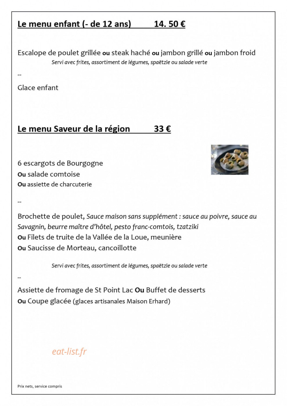 Carte et menu de L'auberge du château de joux à La Cluse et Mijoux — Le menu enfant et menu saveur