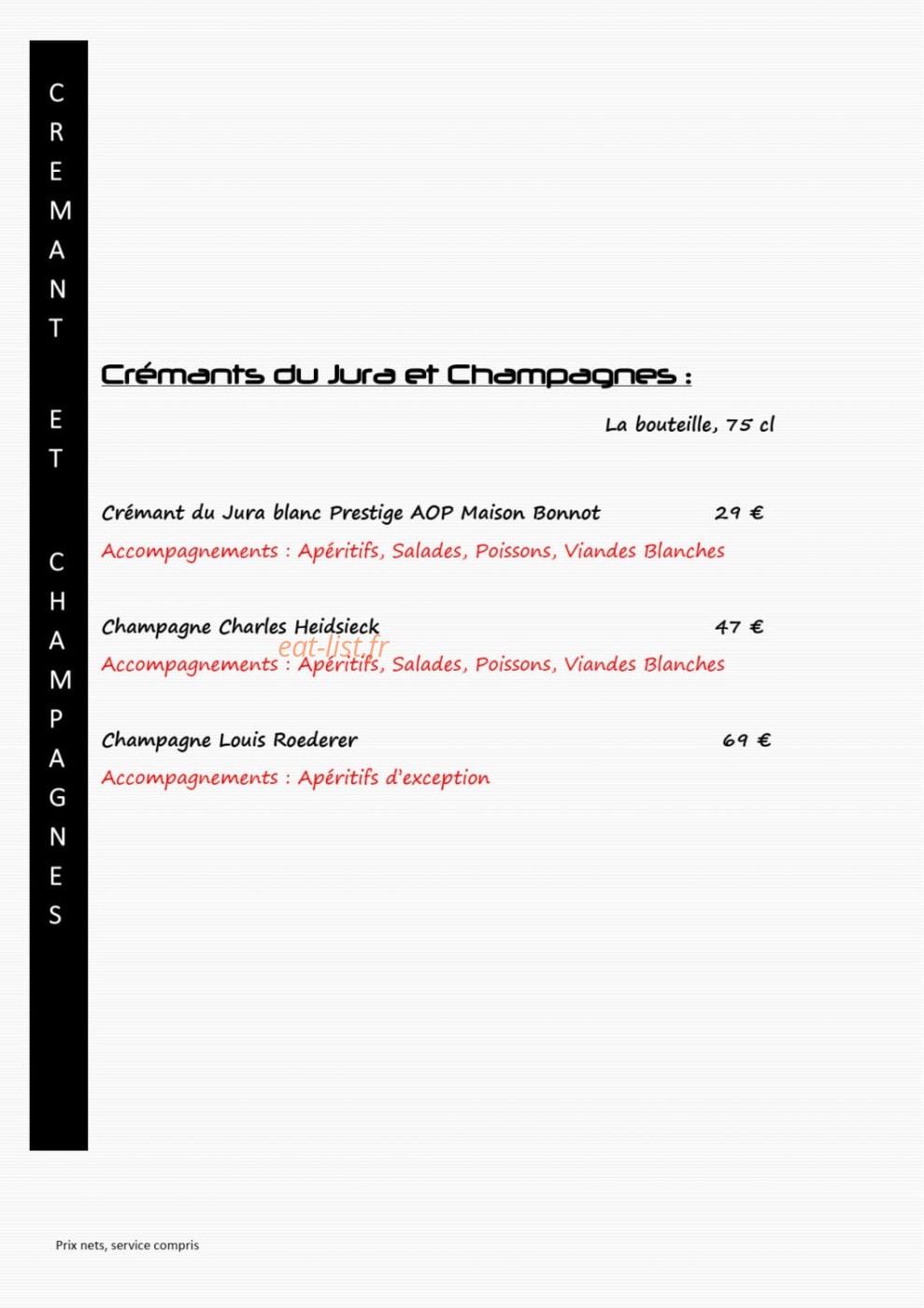 Carte et menu de L'auberge du château de joux à La Cluse et Mijoux — Les crémants du jura et champagnes