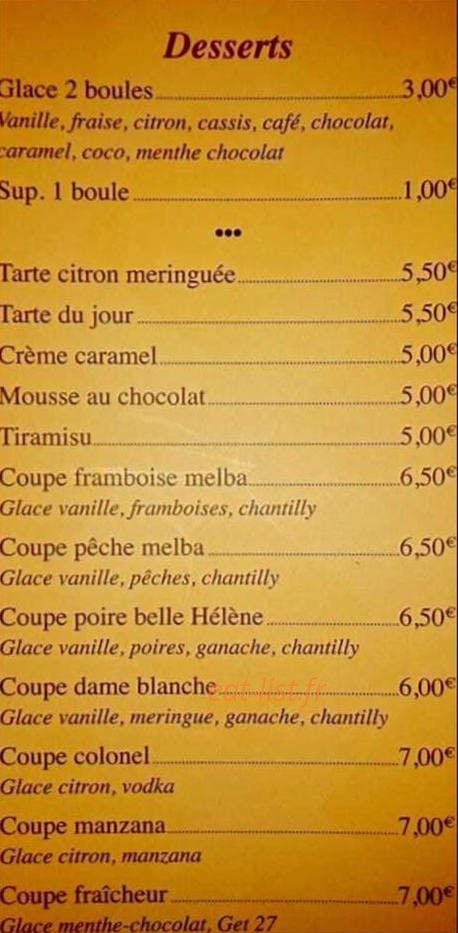 Carte et menu de Le Gaulois Grill à Pontarlier — Desserts