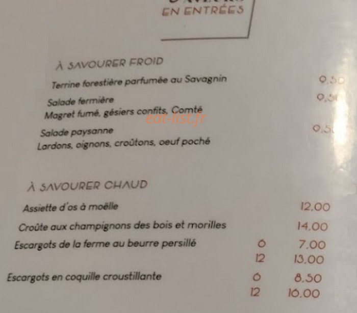 Carte et menu de Chez Roméo et Patricia à Nans Sous Sainte Anne — Les entrées