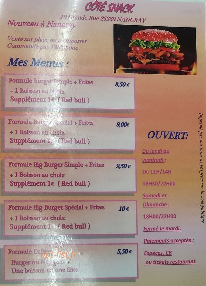 Côté Snack — carte page 1