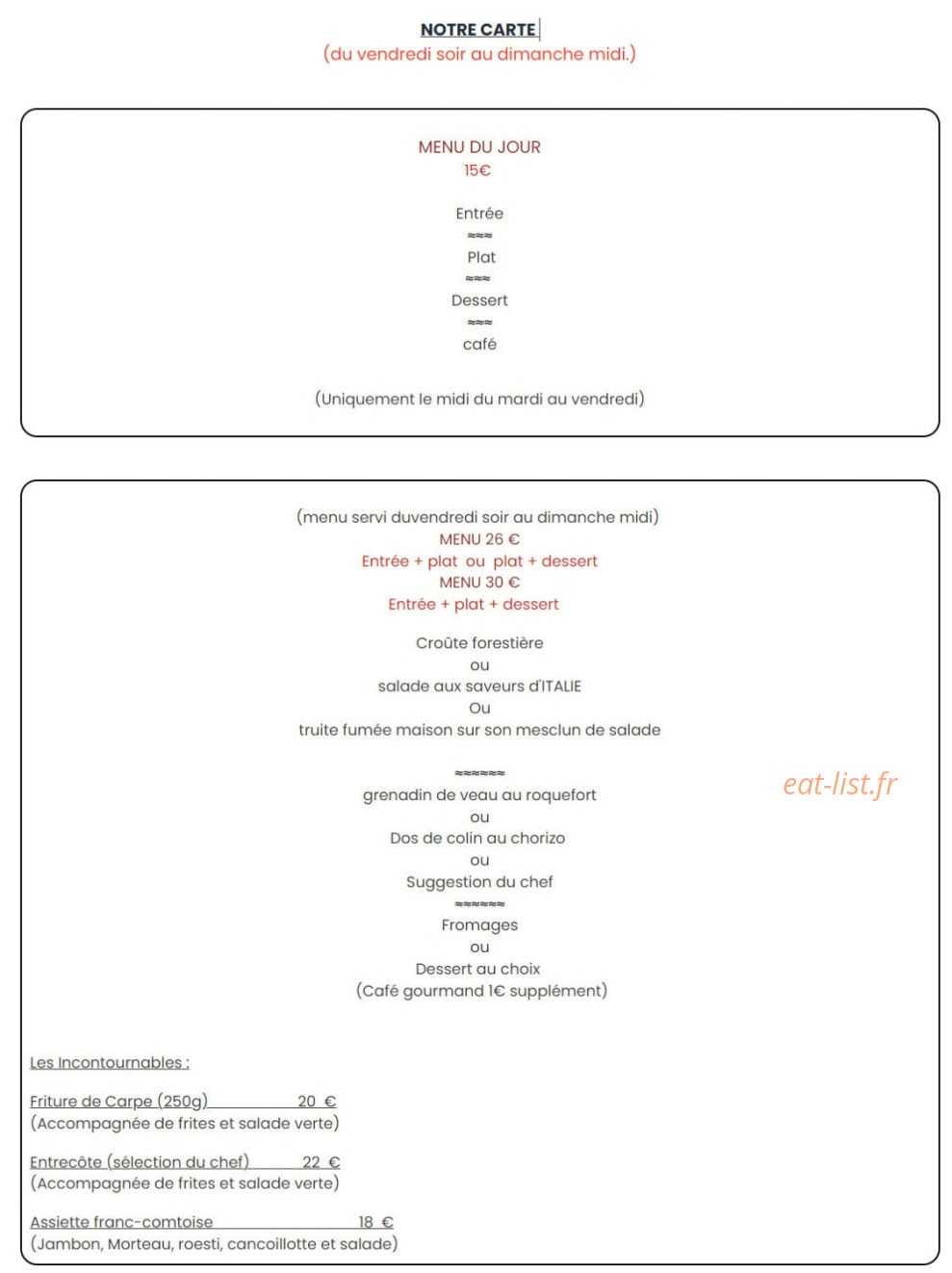 Restaurant du Plateau — carte page 1