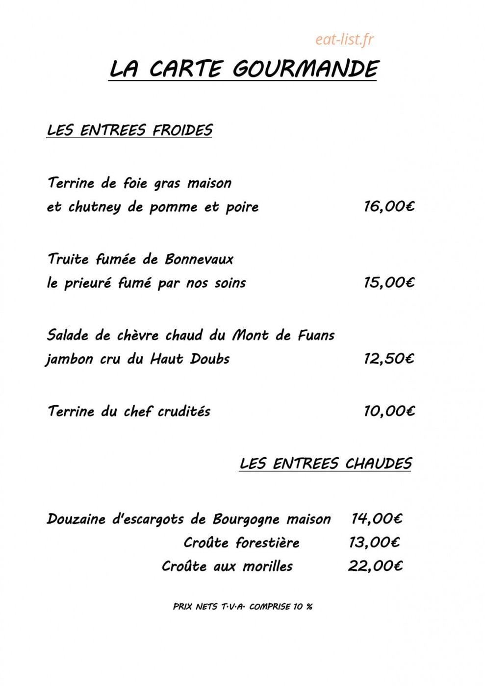 Hotel Restaurant Robichon — carte page 1