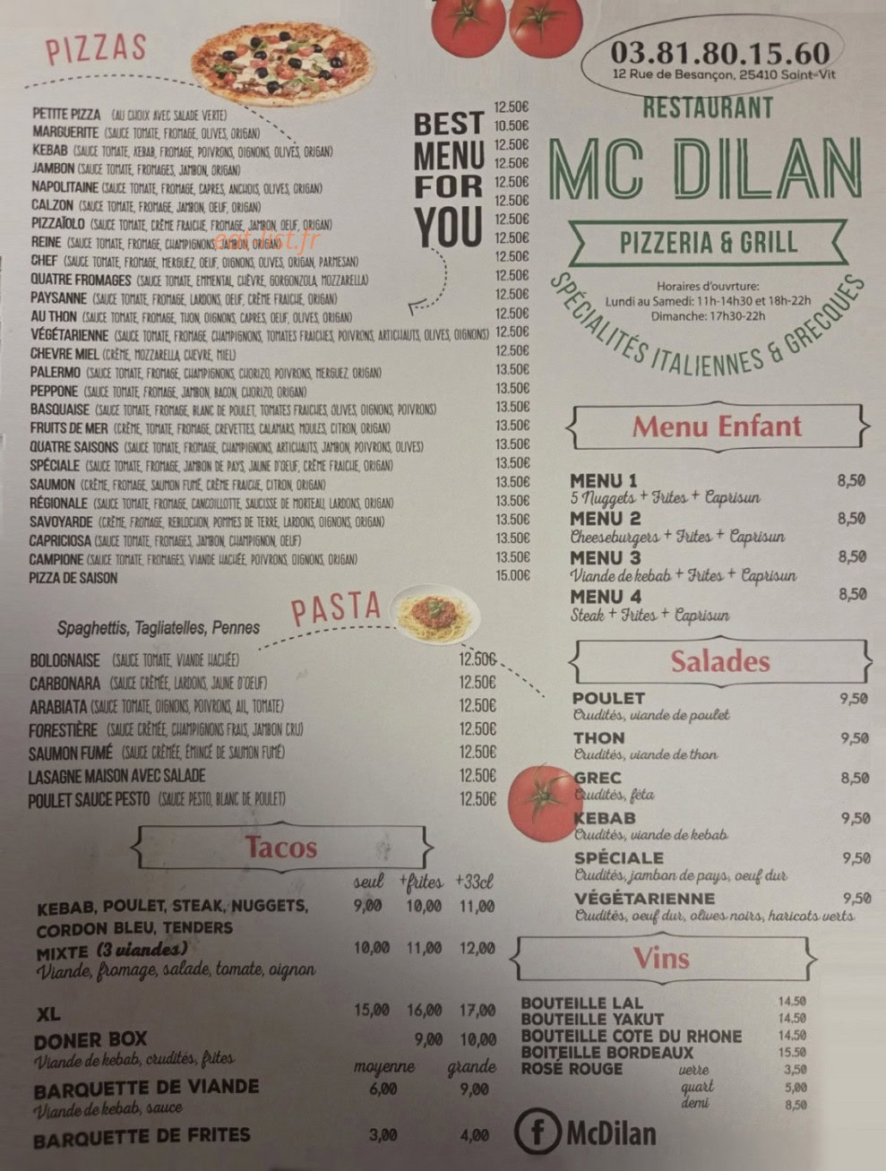 Carte et menu de Mc Dilan à Saint Vit — Les pizzas, pâtes, salades, paninis, menus enfant et tacos