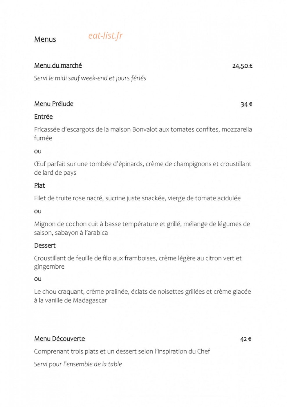 Restaurant Prélude — carte page 1