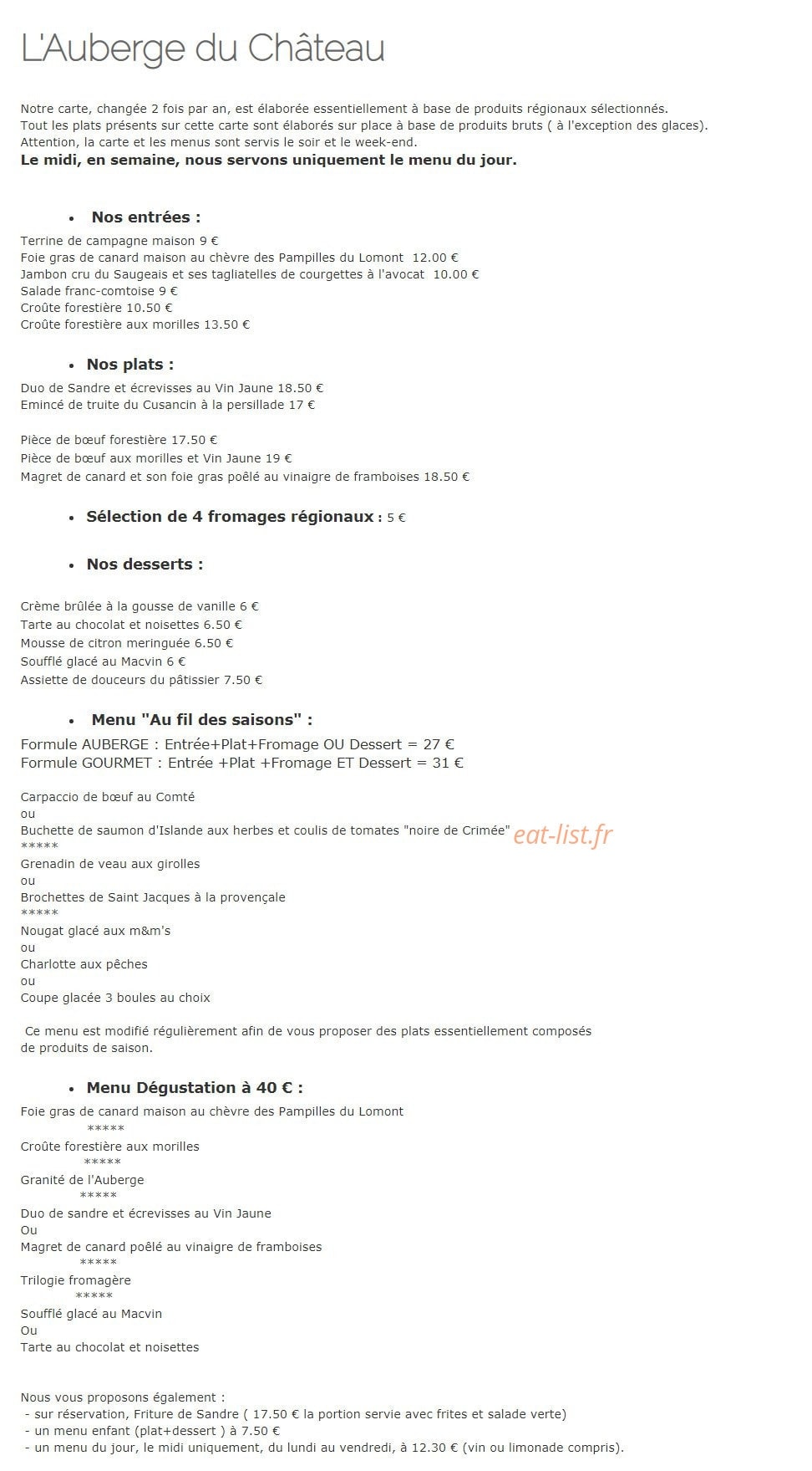 L'Auberge du Château — carte page 1
