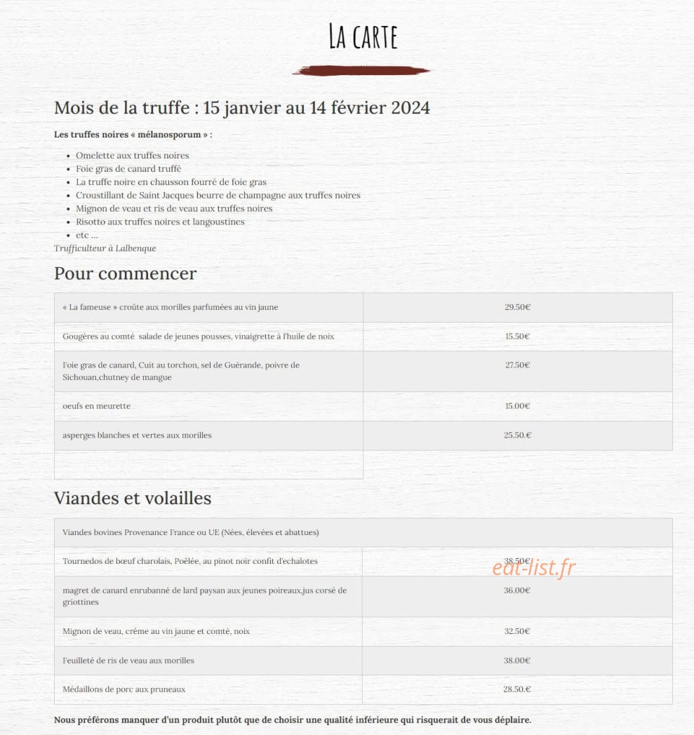 Auberge du Savagnin — carte page 1