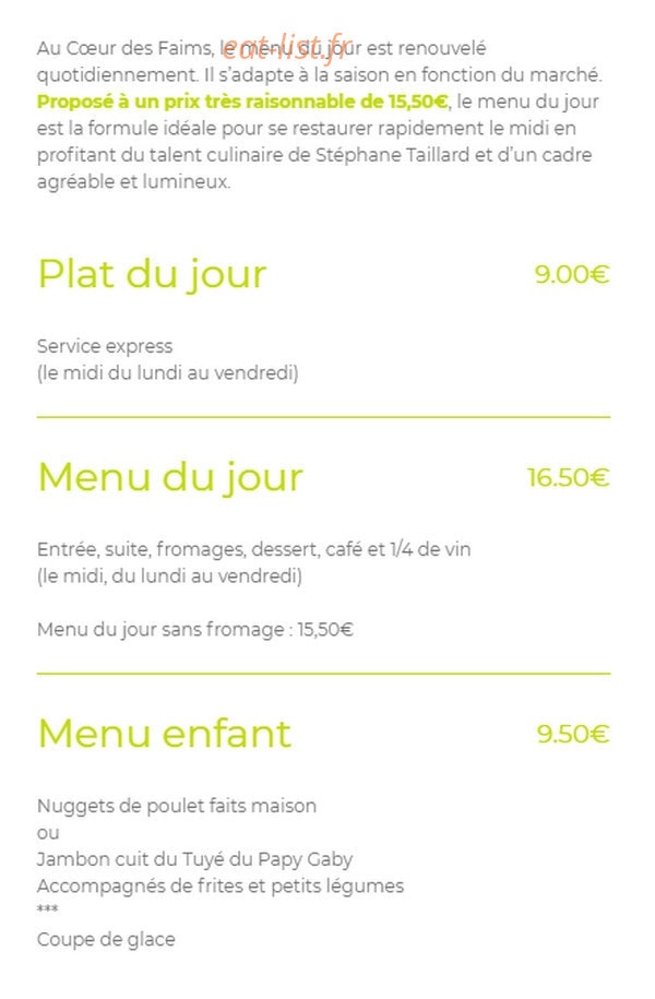 Carte et menu de Au Coeur des Faims à Les Fins — Menu enfant, plats et menu du jour