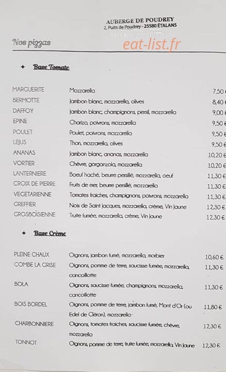 Auberge de Poudrey — carte page 1
