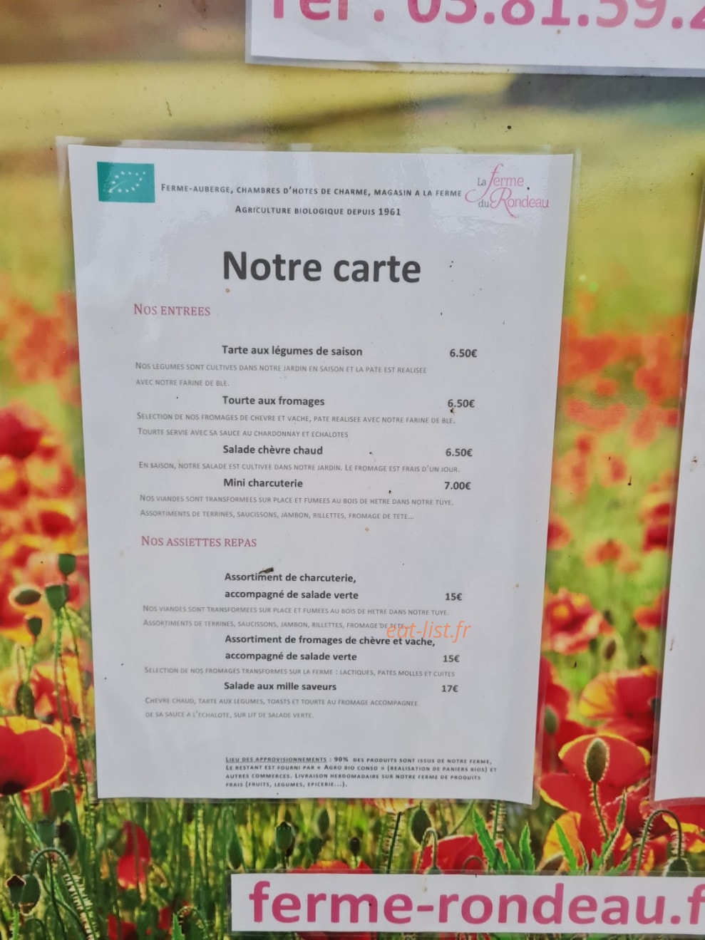 Carte et menu de Ferme Auberge du Rondeau à Lavans Vuillafans — La carte