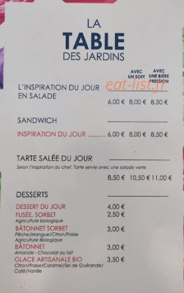 La Table des Jardins — carte page 1