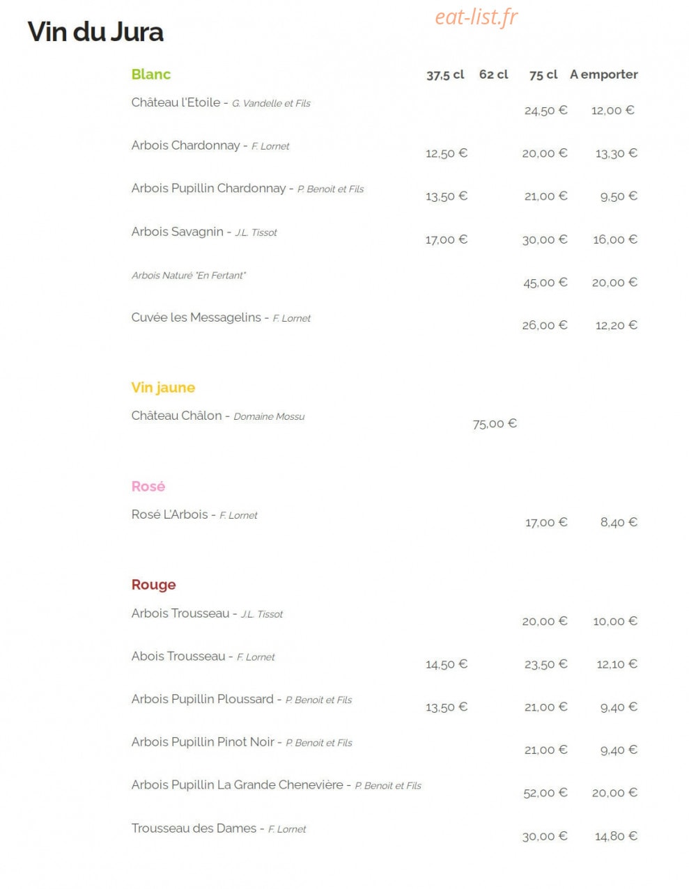 Carte et menu de Auberge Les Granges du Liège à Merey Sous Montrond — Vin du Jura