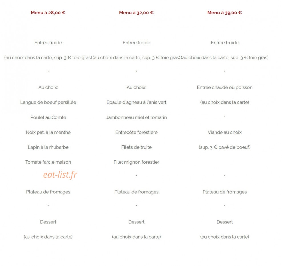 Carte et menu de Auberge Les Granges du Liège à Merey Sous Montrond — Les menus