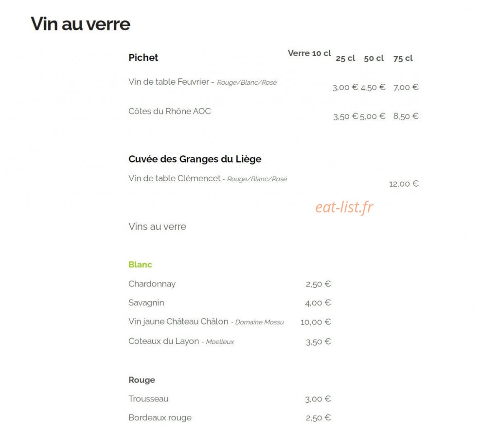 Carte et menu de Auberge Les Granges du Liège à Merey Sous Montrond — Vins au verre et divers