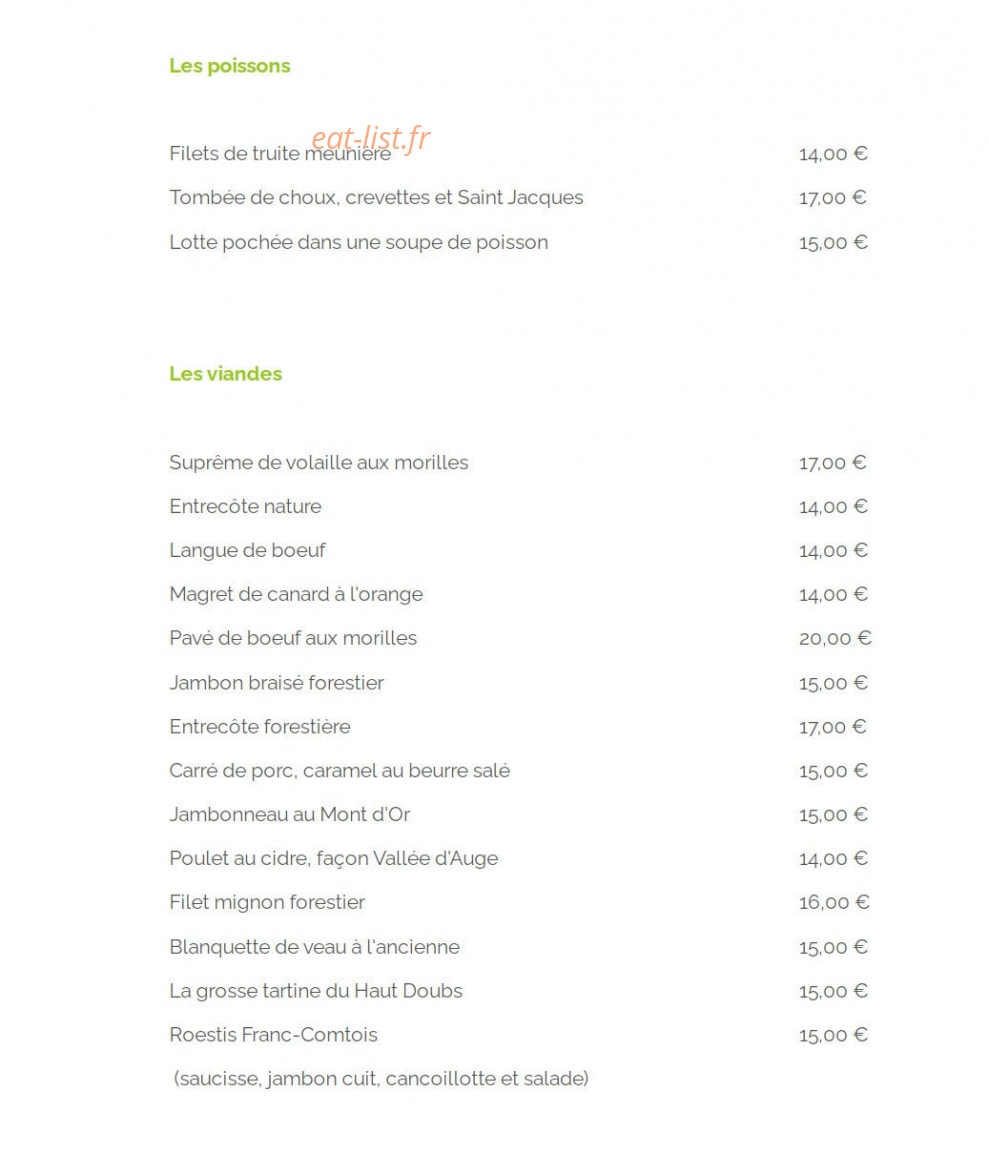 Carte et menu de Auberge Les Granges du Liège à Merey Sous Montrond — Les poissons et viandes