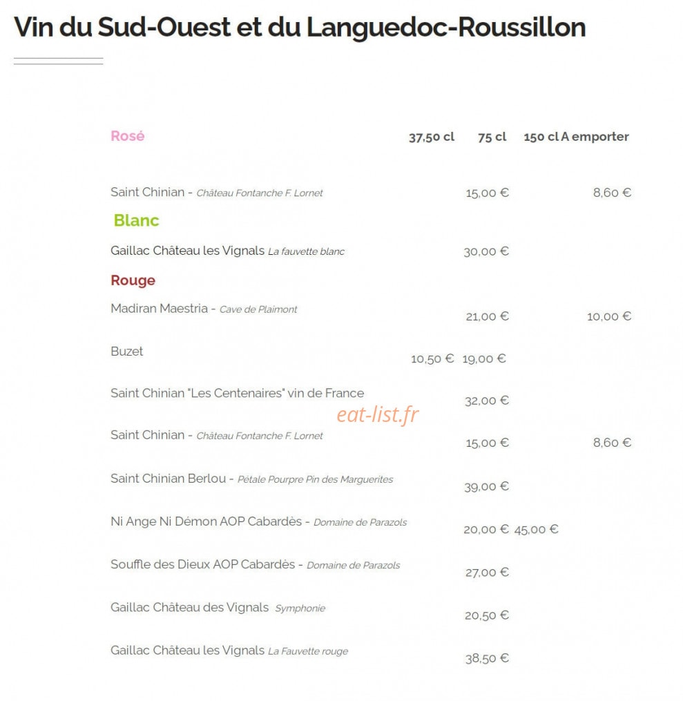Carte et menu de Auberge Les Granges du Liège à Merey Sous Montrond — Vins du Sud-Ouest et Languedoc Roussillon