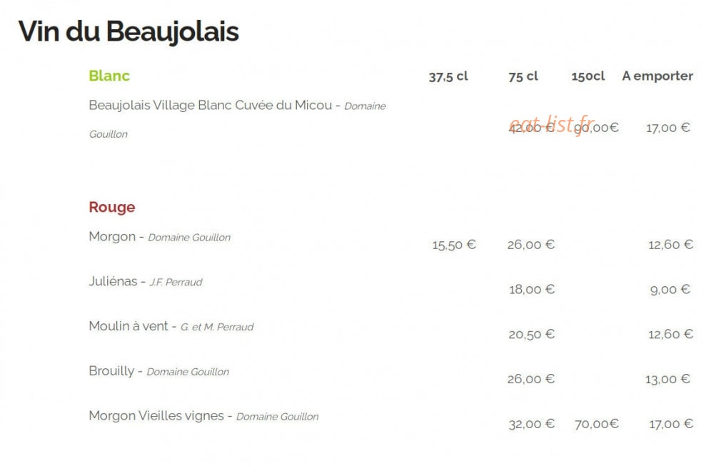 Carte et menu de Auberge Les Granges du Liège à Merey Sous Montrond — Vins du Beaujolais