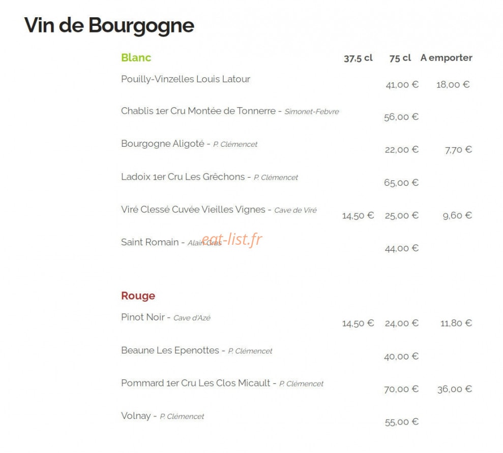 Carte et menu de Auberge Les Granges du Liège à Merey Sous Montrond — Vins de Bourgogne
