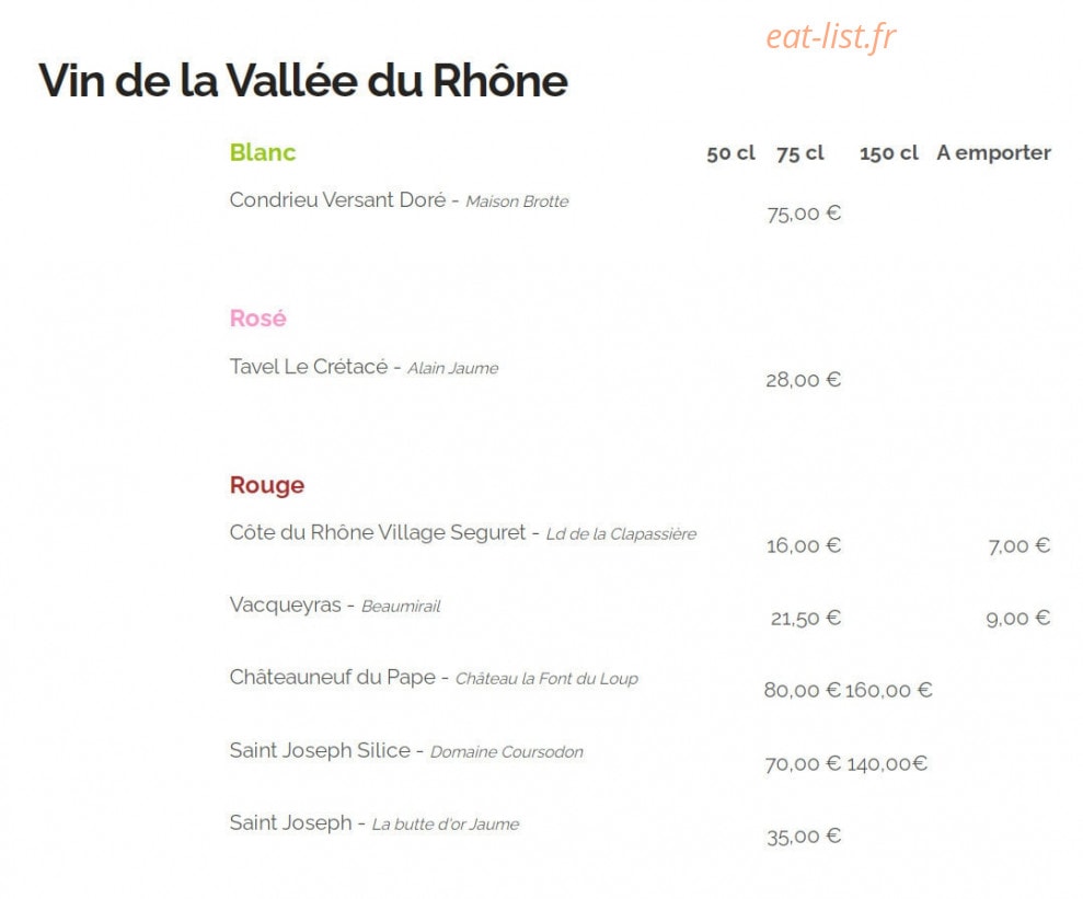 Carte et menu de Auberge Les Granges du Liège à Merey Sous Montrond — Vins de la Vallée du Rhône