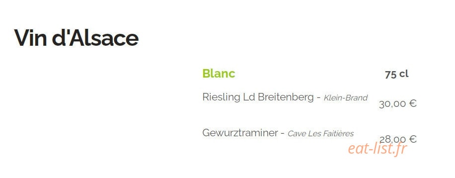Carte et menu de Auberge Les Granges du Liège à Merey Sous Montrond — Vins d'Alsace