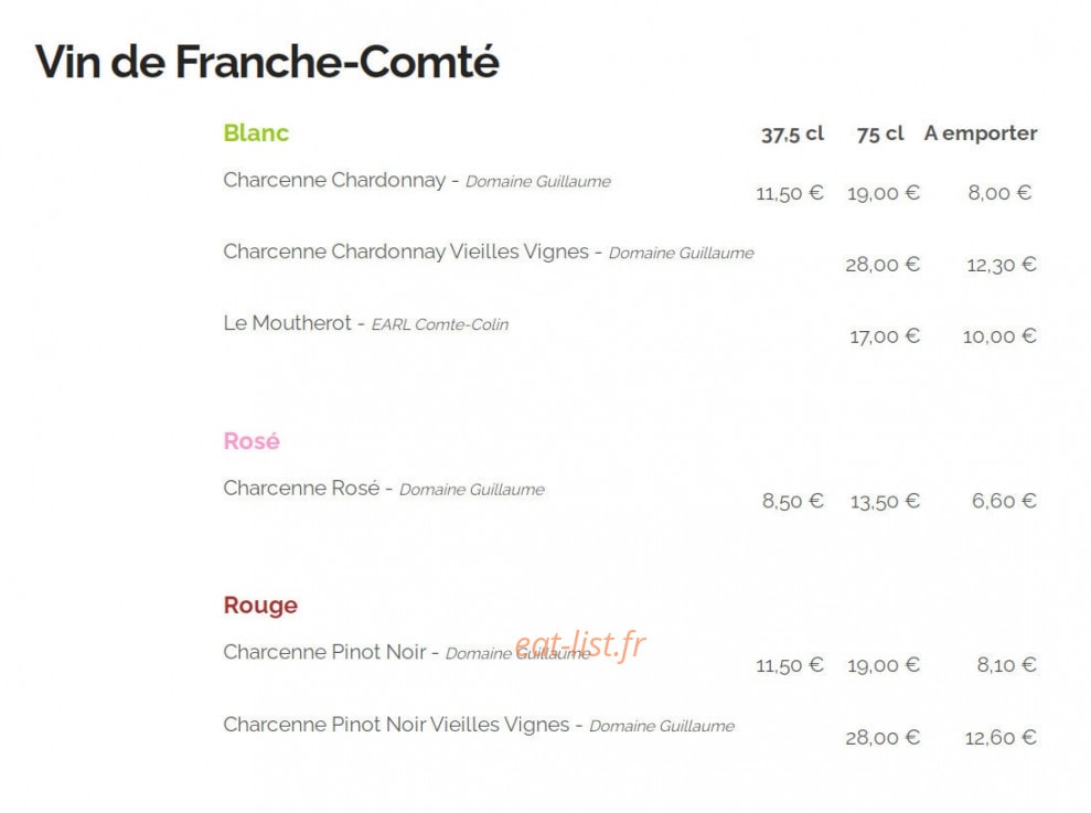 Carte et menu de Auberge Les Granges du Liège à Merey Sous Montrond — Vin de Franche-comté