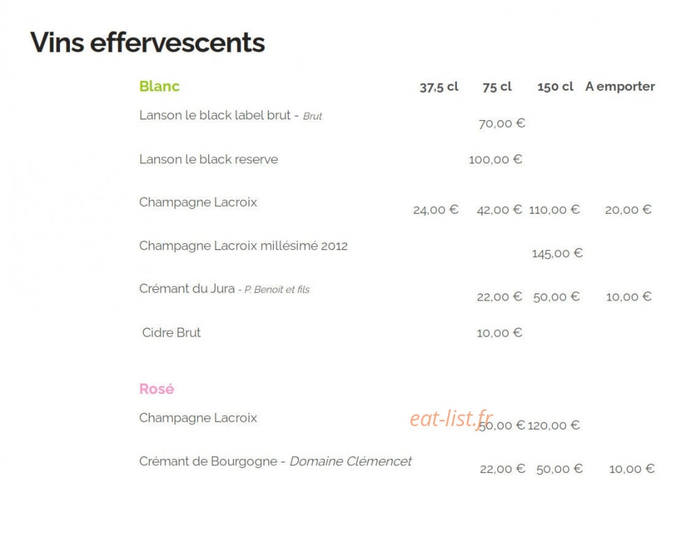 Carte et menu de Auberge Les Granges du Liège à Merey Sous Montrond — Vins effervescents