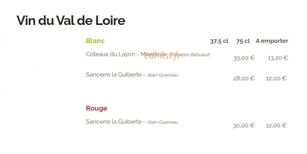 Carte et menu de Auberge Les Granges du Liège à Merey Sous Montrond — Vins du Val de Loire