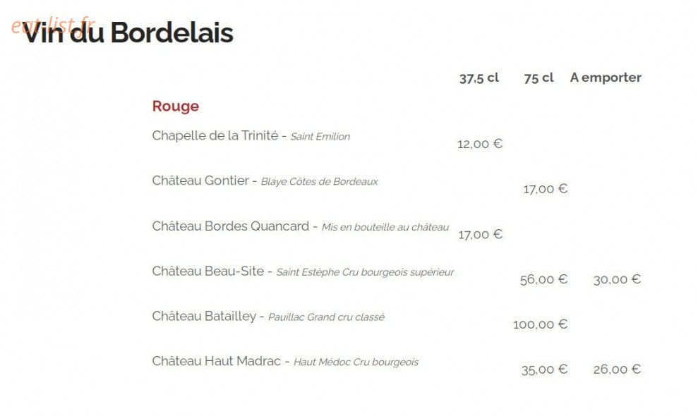 Carte et menu de Auberge Les Granges du Liège à Merey Sous Montrond — Vins du Bordelais