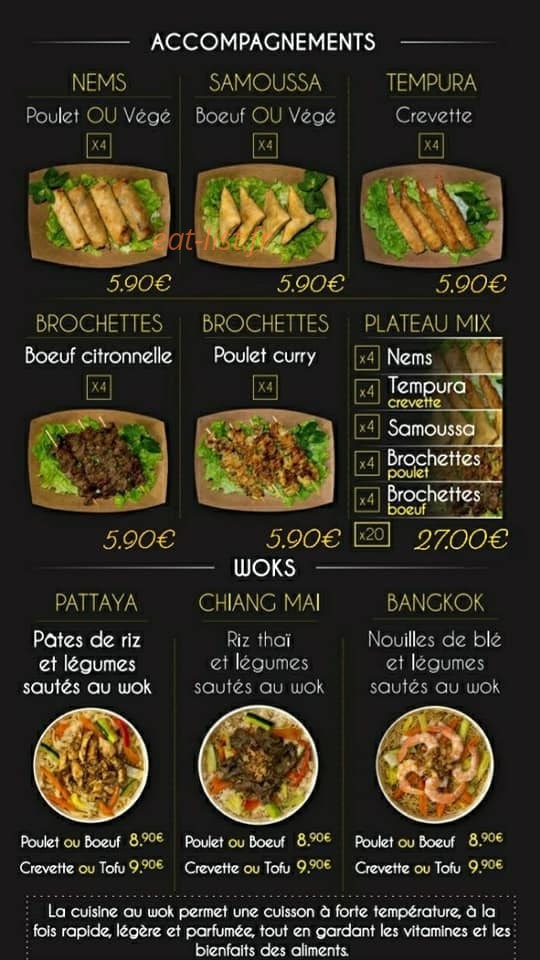Carte et menu de Bangkok Street Food à Valence — Menu brochettes, accompagnements et woks