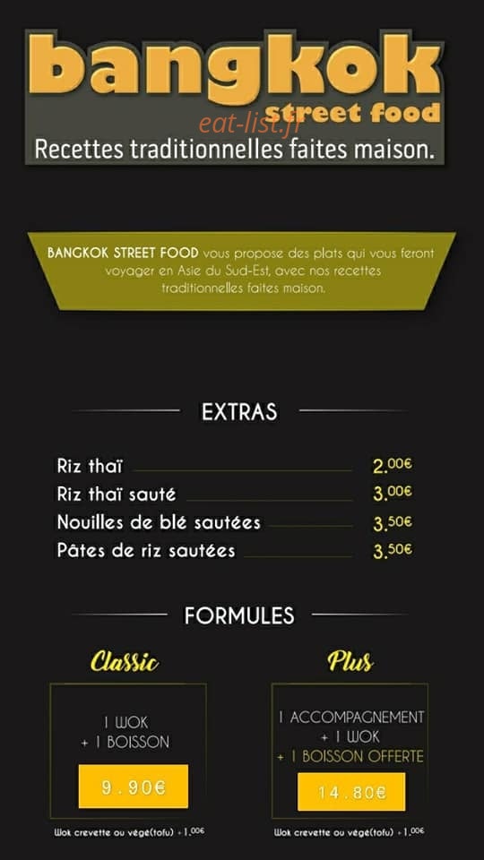 Carte et menu de Bangkok Street Food à Valence — Menu extras et formules