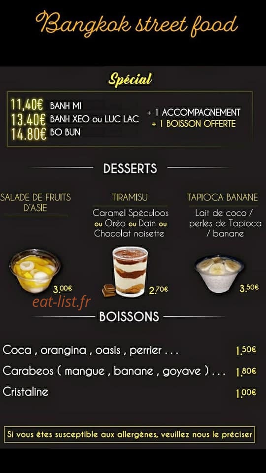 Carte et menu de Bangkok Street Food à Valence — Menu spécial, desserts et boissons