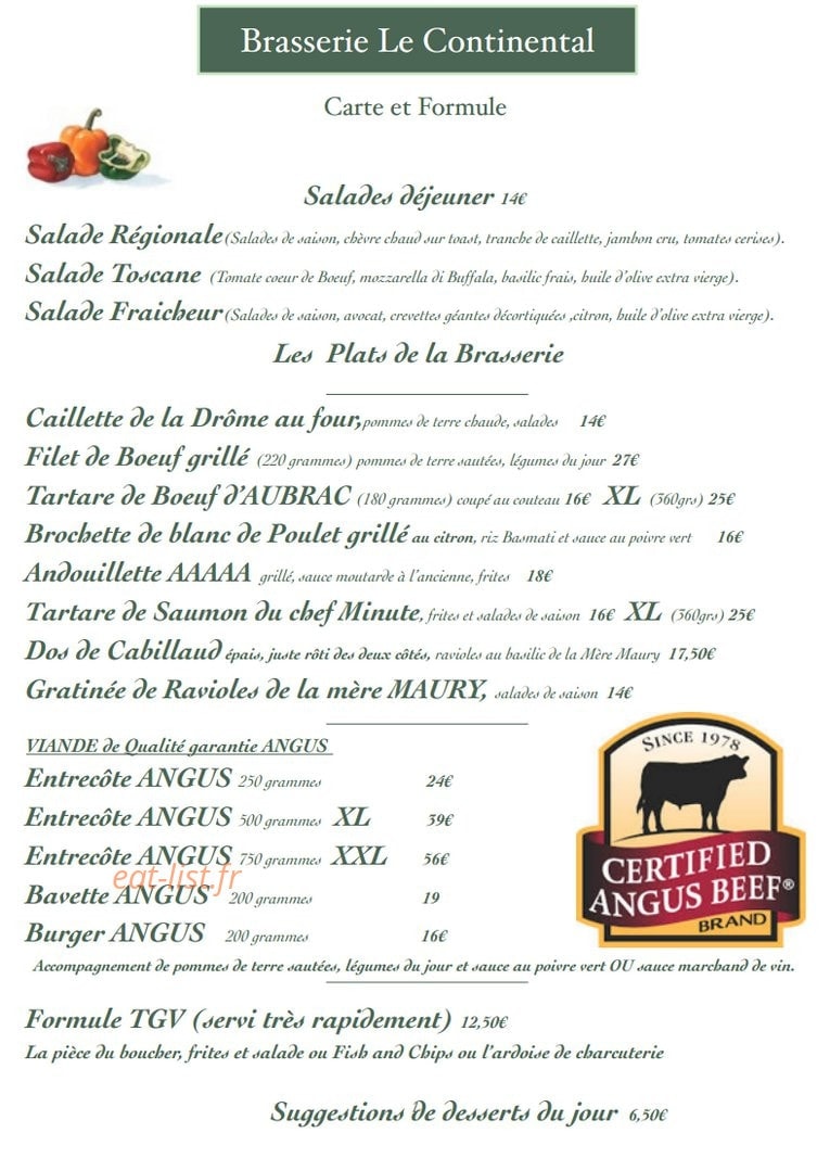 Brasserie Le Continental — carte page 1