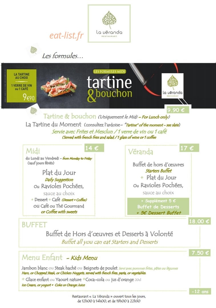 La Véranda restaurant — carte page 1
