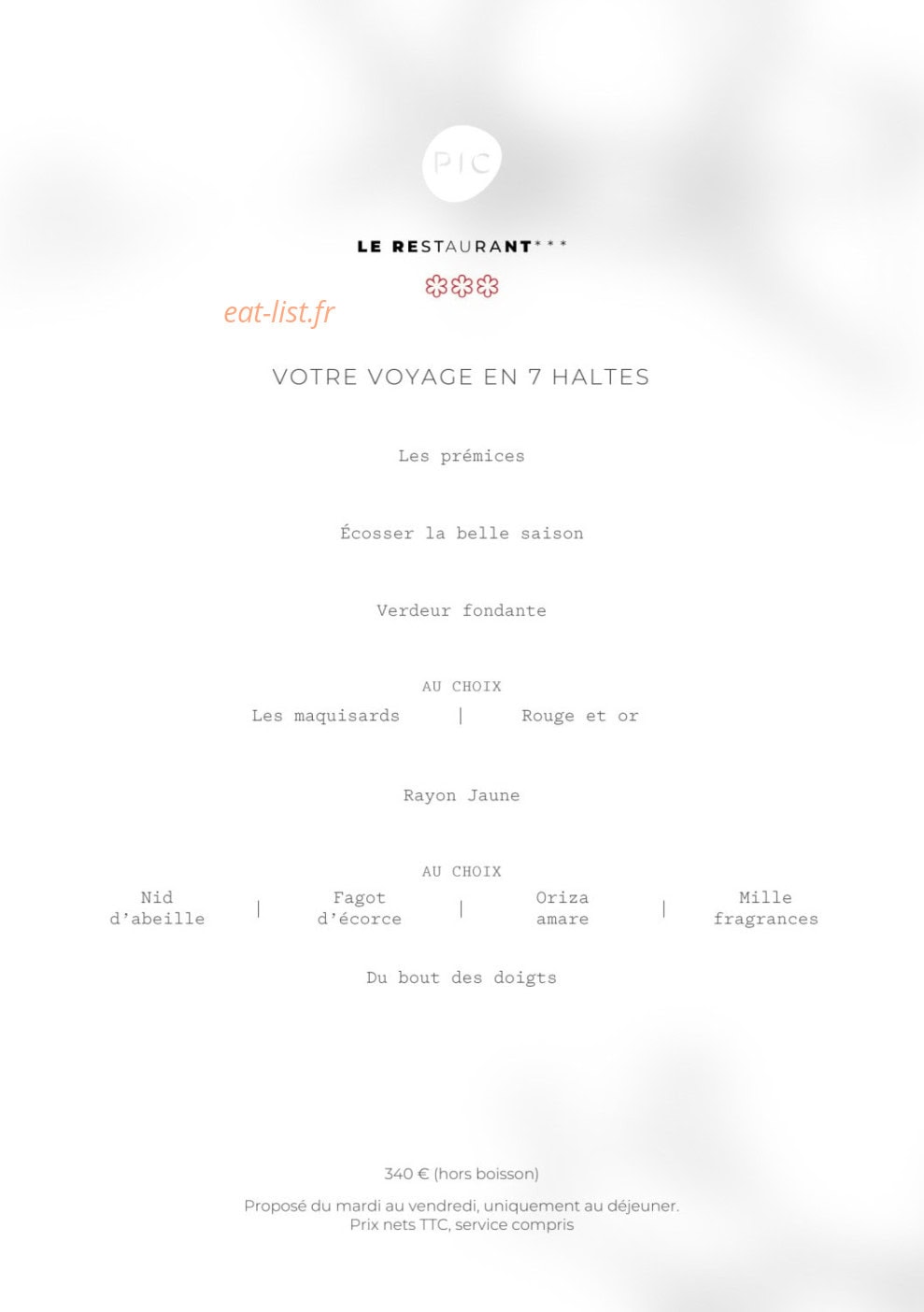 Le Restaurant Pic — carte page 1