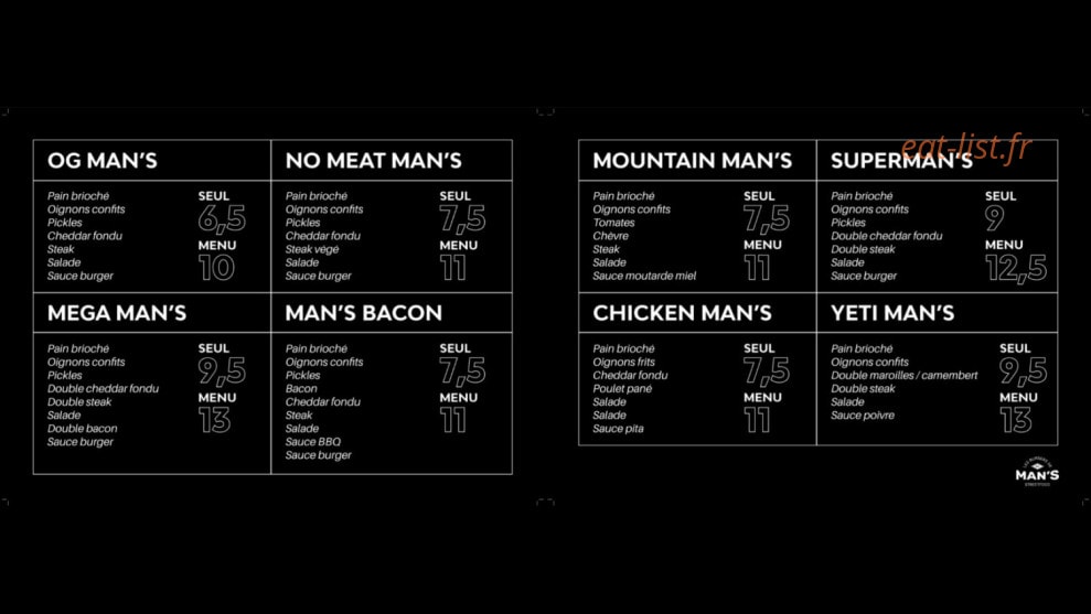 Les burgers de Man's — carte page 1