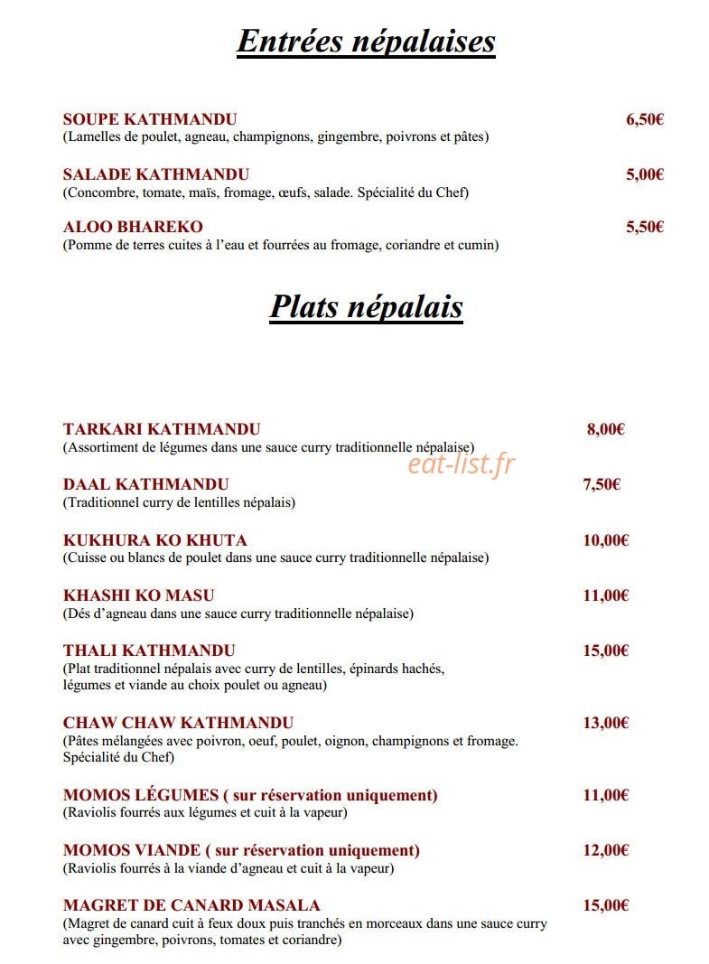 Restaurant Kathmandu — carte page 2