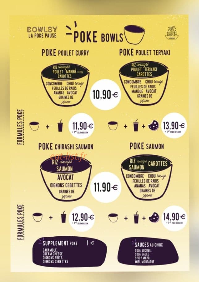 Carte et menu de Bowlsy La Poke Paus à Romans sur Isere — Les poke bowls