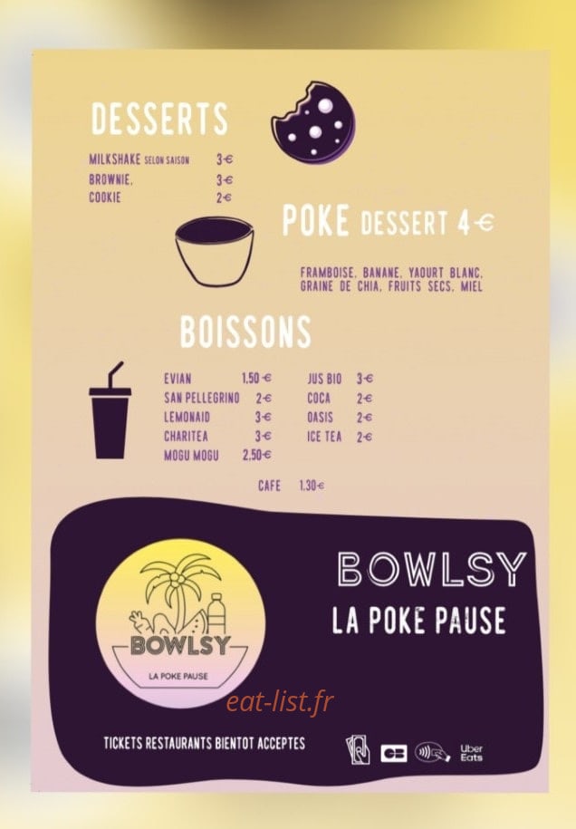 Carte et menu de Bowlsy La Poke Paus à Romans sur Isere — Les desserts et boissons