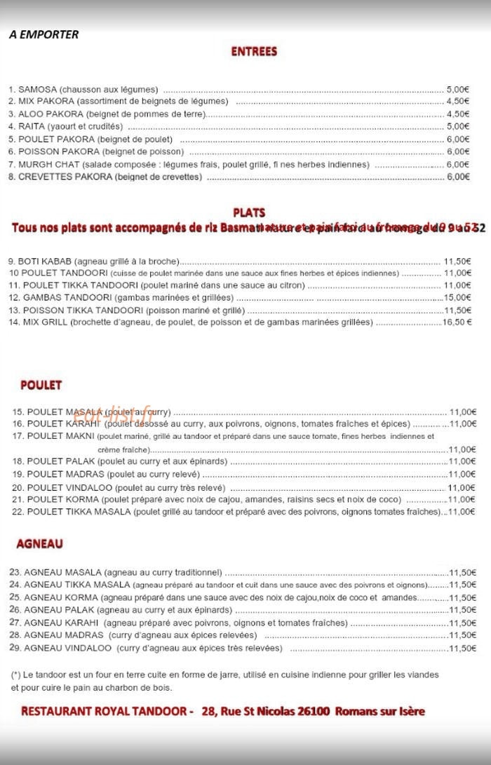 Royal Tandoor — carte page 1