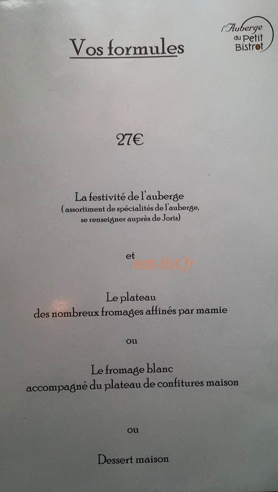 Auberge du Petit Bistrot — carte page 1