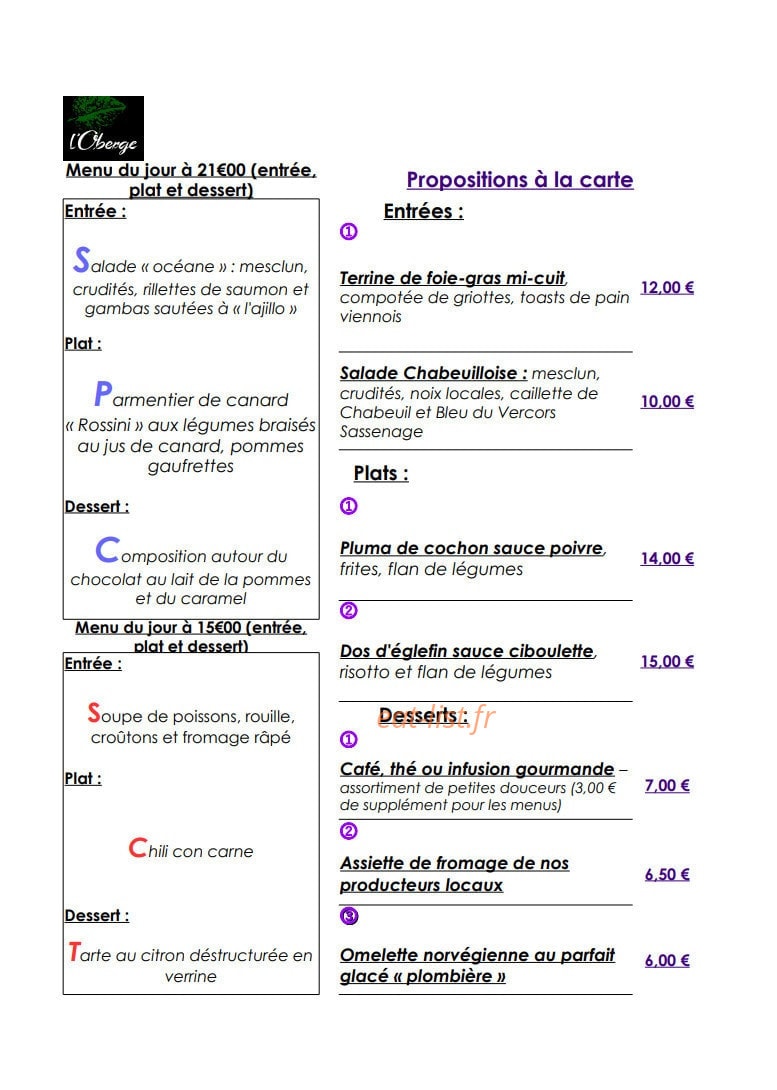 Restaurant L'Oberge — carte page 1
