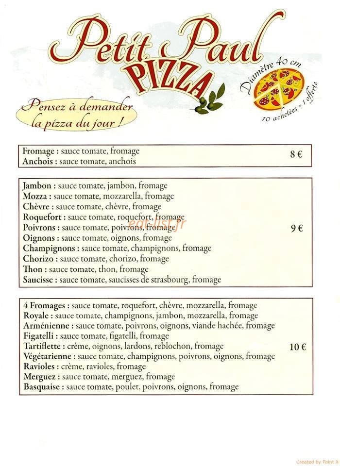 Petit Paul Pizza — carte page 1